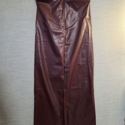 NEW! Faux Leather Long Straight Skirt, 34" long, Size M, 32-38" hips, Elastic waistband, Wine color