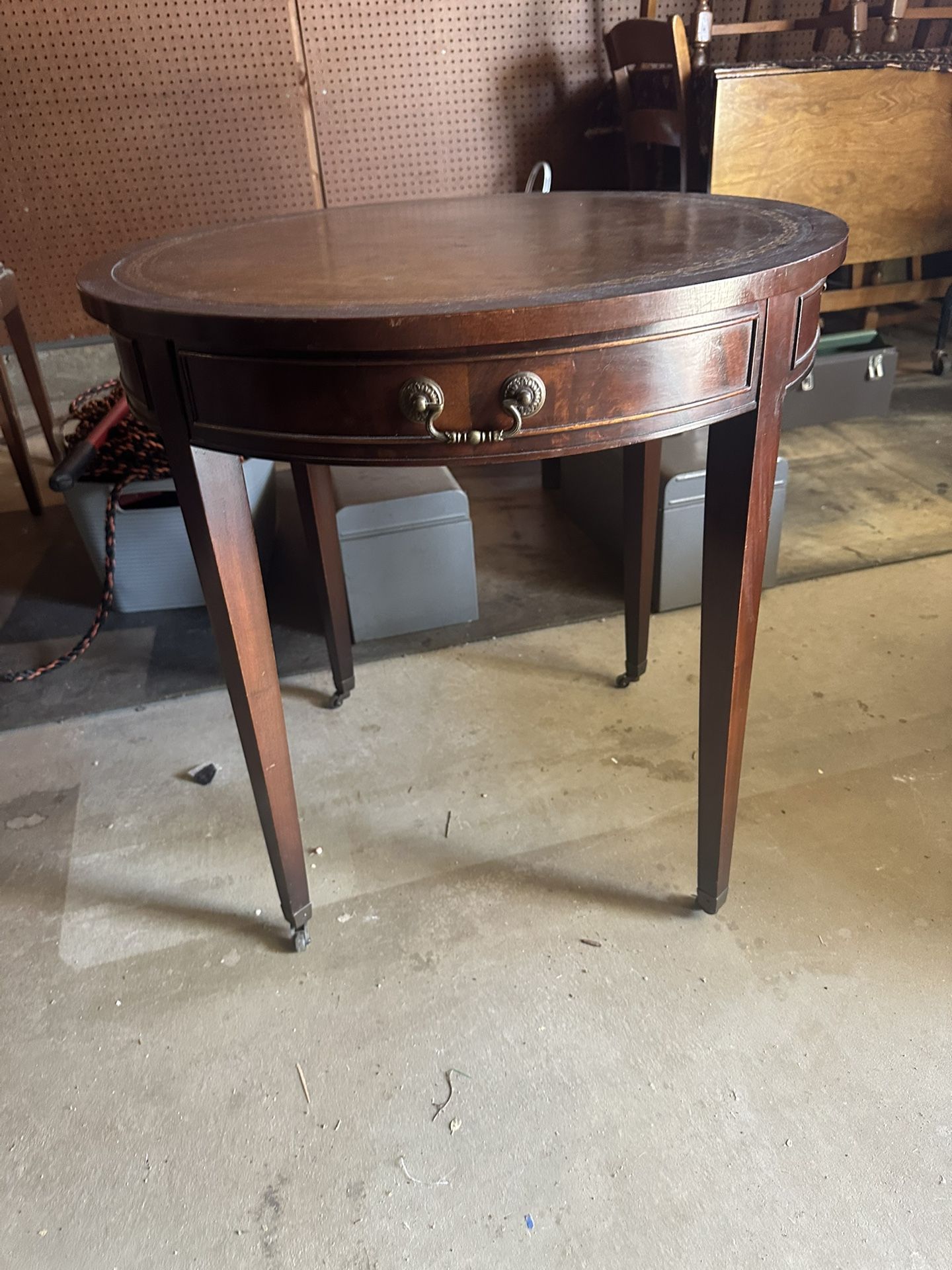 Antique Round End Table With Leather Top