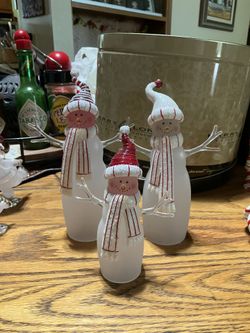 Set Of Three Frosted Glass Snowmen