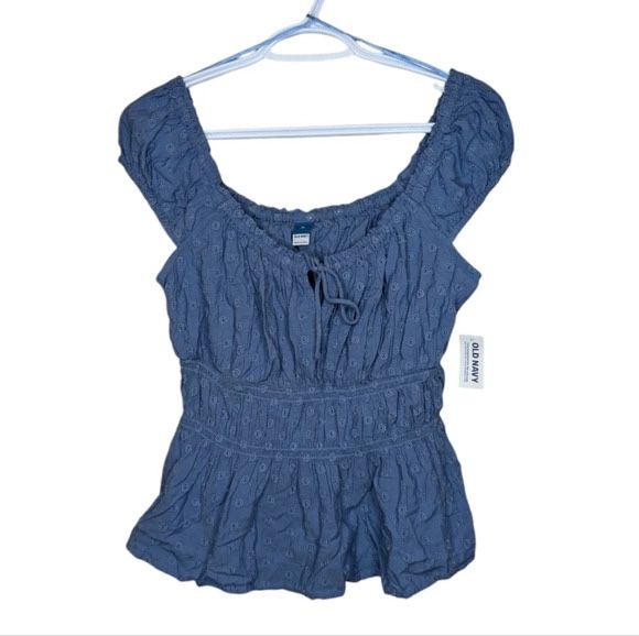 Old Navy Seaborne Blue Short Sleeve Smocked Floral Eyelet Top