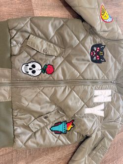 Olive Green Quilted Bomber Jacket with Patches