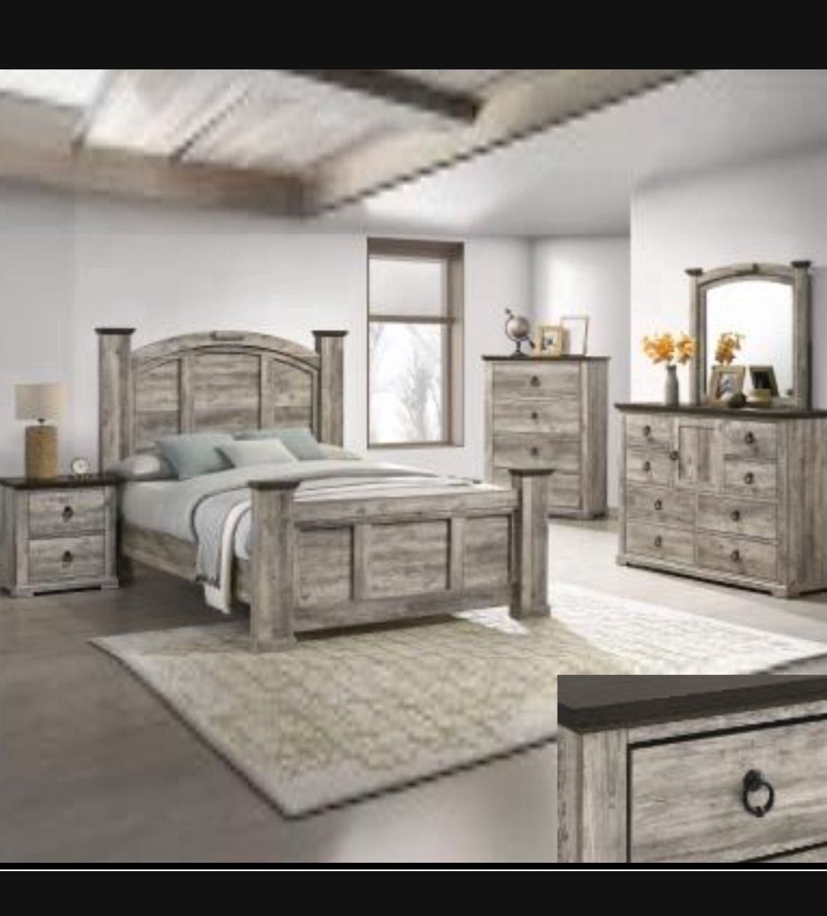 4- Pc Bedroom set Dresser,Mirror Nightstand (1) Queen size bed frame Not including Mattress and Box Sp