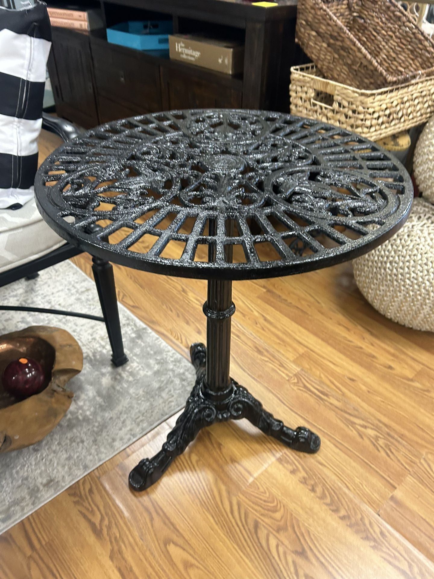 Vintage 23” black round cast of metal outdoor bistro table