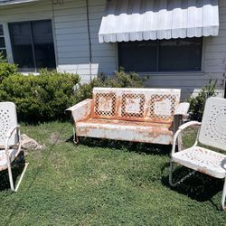 Vintage Outdoor Metal Porch Glider and 2 Chairs 