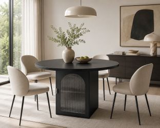 New Modern 47.2 Inch Round Dining Table with Storage, Walnut Pedestal Round Kitchen and Dining Room Table for 4–6, Ribbed Glass Doors, Space-Saving Ci