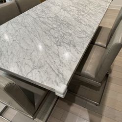 Modern Stone Dining Table with Stainless Steel Base & 6 Chairs