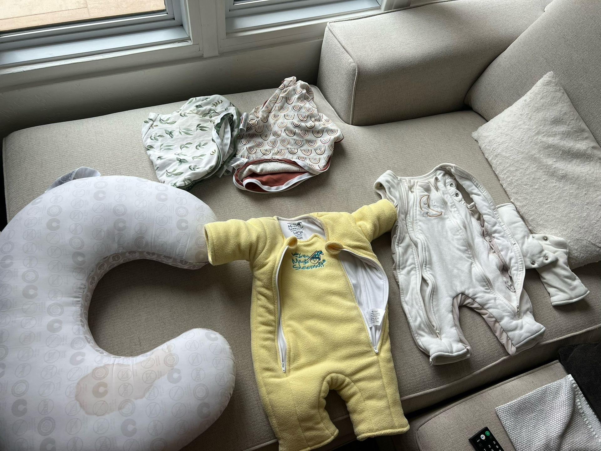 Boppy With Two Covers, Merlin Sleep Suit, And Baby Brezza Suit