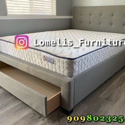 Queen Gray Tufted Bed w. Drawer & Orthopedic Mattress Included 