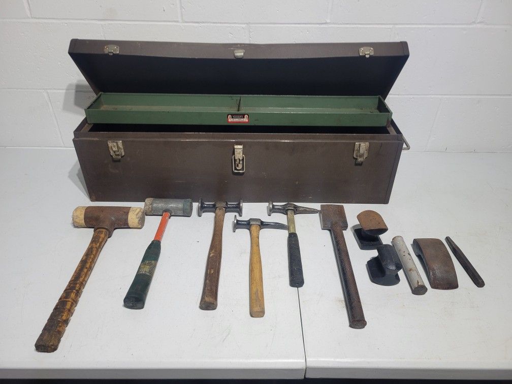 Vintage Auto Body Repair Tools Hammers Dollys With Metal Kennedy Kits Tool Box