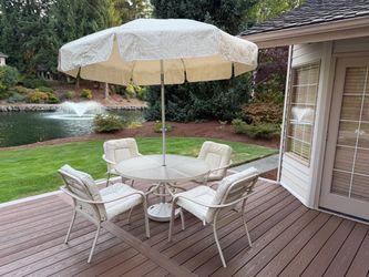 Tropitone Outdoor Patio Table, 4 Chairs, and Umbrella Set