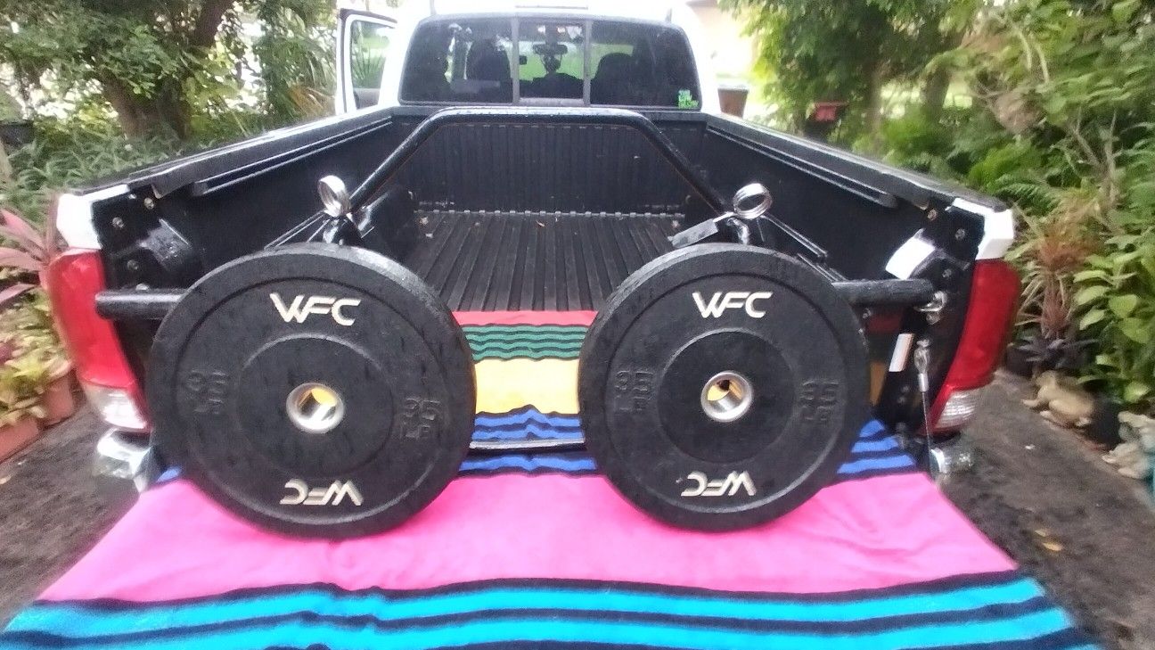 OLYMPIC 55 LB. HEX BAR & TWO 35 LB. BUMPER PLATES