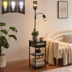 Floor Lamp with End Table, Side Table with Lamp Attached, Bedside Nightstand Light for Small Spaces with Wicker Drawer and Storage Shelf for Living Ro