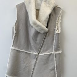 White House Black Market Womens Faux Fur Asymmetrical Zipper Beige Vest Medium