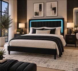 Queen bed Velvet Upholstered Bed Frame with LED Lights, Adjustable Vertical Channel Tufted Headboard, Sturdy Wooden Slats, Noise-Free Platform, Easy A