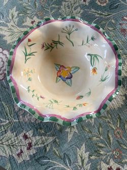 Fitz & Floyd Serving Bowl Floral Stripes Scalloped Edge Hand-Painted 10 inches