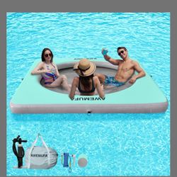 8ft X 8ft Inflatable Floating Dock Platform With Mesh, Floating Island Raft Lake Pool Inflat