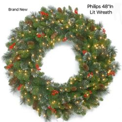 Brand New Phillips 48"In Lit Wreath With 100 Warm Light LED With Berries And Pinecones 