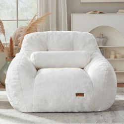 EBENCHICO Giant Bean Bag Chair for Adults Oversized Faux Fur BeanBag Sofa White, Wide Armrests, With Pillow, Foam Filling, Reading Chair For Living Ro