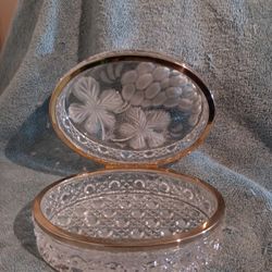 Cut Crystal Bronze Mounted Lidded Box Oval Form 3" Tall 6" Long On The Top Lid Very Good Condition