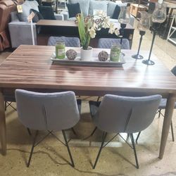 7 Pc Brown  / Gray Mid-century Modern Style Dining Set (New)