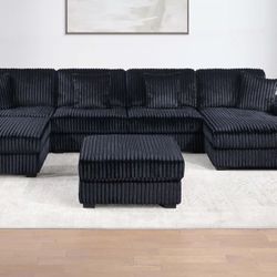 Brand New Black Corduroy U Shape Sectional With Ottoman 