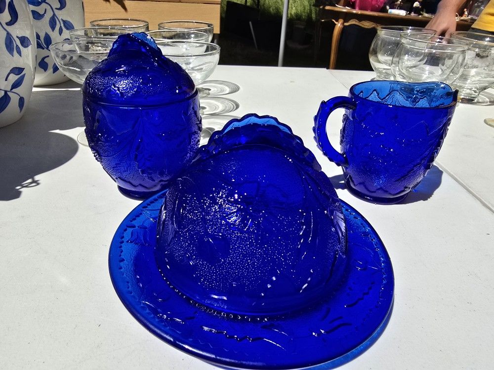 Antique EAPG Embossed Delaware Cobalt Blue Glass Set