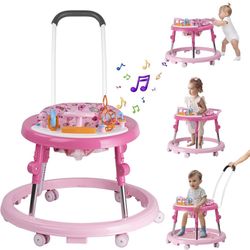 Baby Walker with Wheels 5 in 1 Foldable Activity Center with Mute Wheels Adjustable Heights Anti-Fall Push Walkers for Boys Girls Safe Infant Toddler 