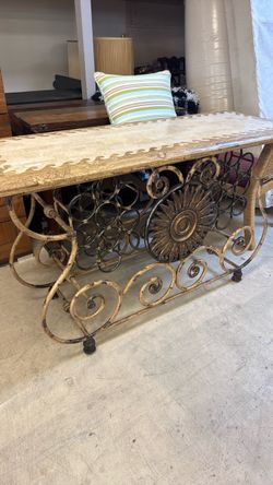 Ornate Wrought Iron Console Table with Stone Top