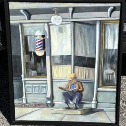 BEAUTIFUL FRAMED BARBER SHOP PAINTING ON CANVAS BY CAROL ROSENBERGER 