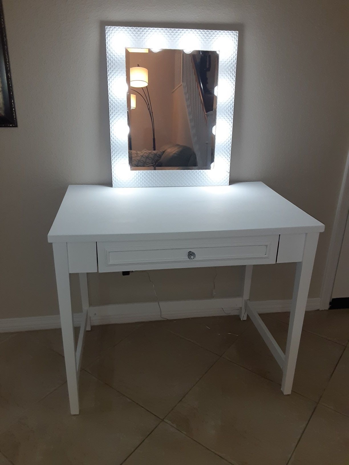 Wooden vanity desk and mirror