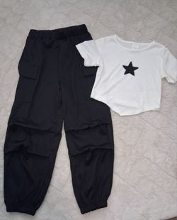 Black Cargo Pants and White Star Crop Top Set