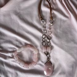 Rose Quartz Necklace And Bracelet Set 
