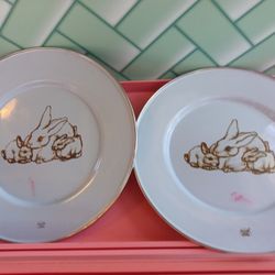 2 Vintage Enamel Ware Metal Bunny Plates 