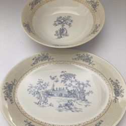 Set of 2 Queen's (Historic Royal Palaces) Fine China Toile De Jouy Oval Serving Dish Platter 12"W & Serving Round Dish Bowl 9.25"W