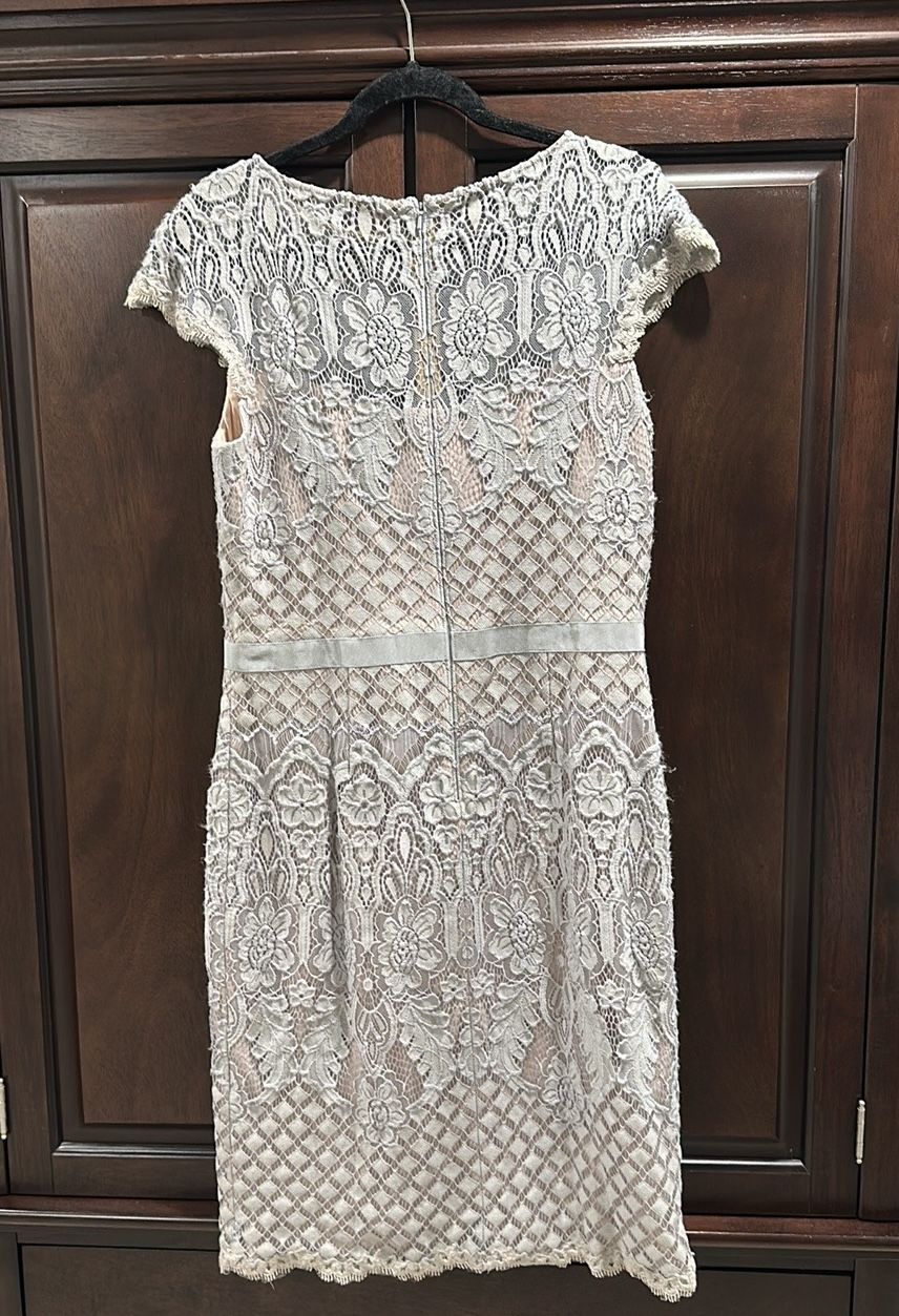 tadashi shoji silver dress Tadashi Shoji Silver Grey Sequin Embellished Lace & Tulle Belted Gown L Tadashi Shoji