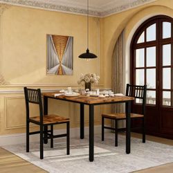 3 Piece Dining Table Set, Rustic Kitchen Table and Chairs Set, Thickened Solid Wood Carbon Plate, Breakfast Table Set for Small Spaces, Dining Room,