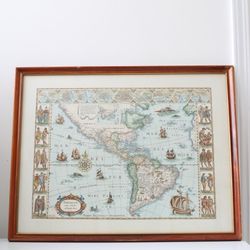 Framed antique map of the Americas (17th century)