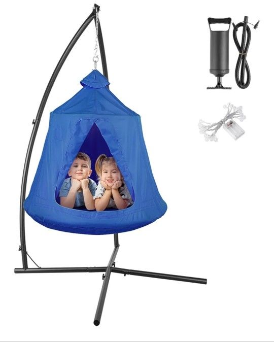 Hammock X-Stand w/Tree Tent, Indoor Metal Swing Chair w/Play Tent, Outdoor Egg Basket Patio Seat, Porch Bedroom Balcony Chair w/Adjustable Solid Stand