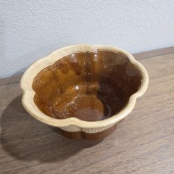 Vintage HAEGER #156 Art Pottery Ribbed Scalloped Planter Bowl USA Brown Tan