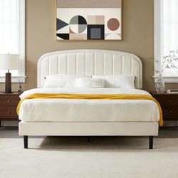 Queen Bed Frame, Soft Bedframe with Rounded Corners, Upholstered Velvet Fabric Platform Bed Frame with Round Headboard, Modern Style, No Bo