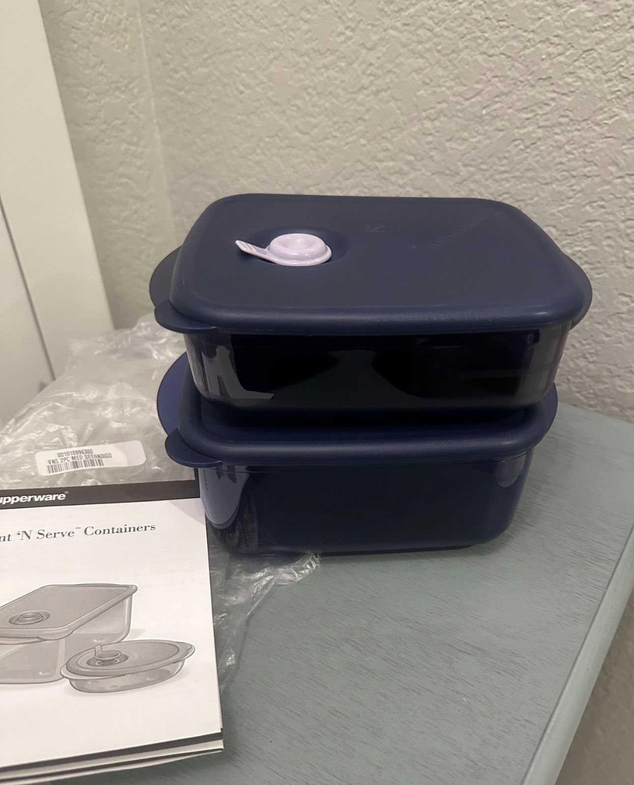 $30….New Tupperware Vent n Serve freezer-safe microwave containers / Color Indigo Includes: * 2½ cup / 600 mL Medium Shallow container * 4¼ cup / 1L M