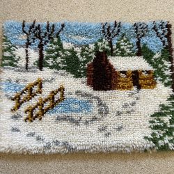 Vintage Winter Cabin Latch Hook Completed Rug Wall Hanging
