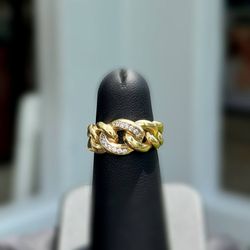 Jewelry 10k solid yellow gold white cz stones 0.20CTW cuban link ring sz 6.00