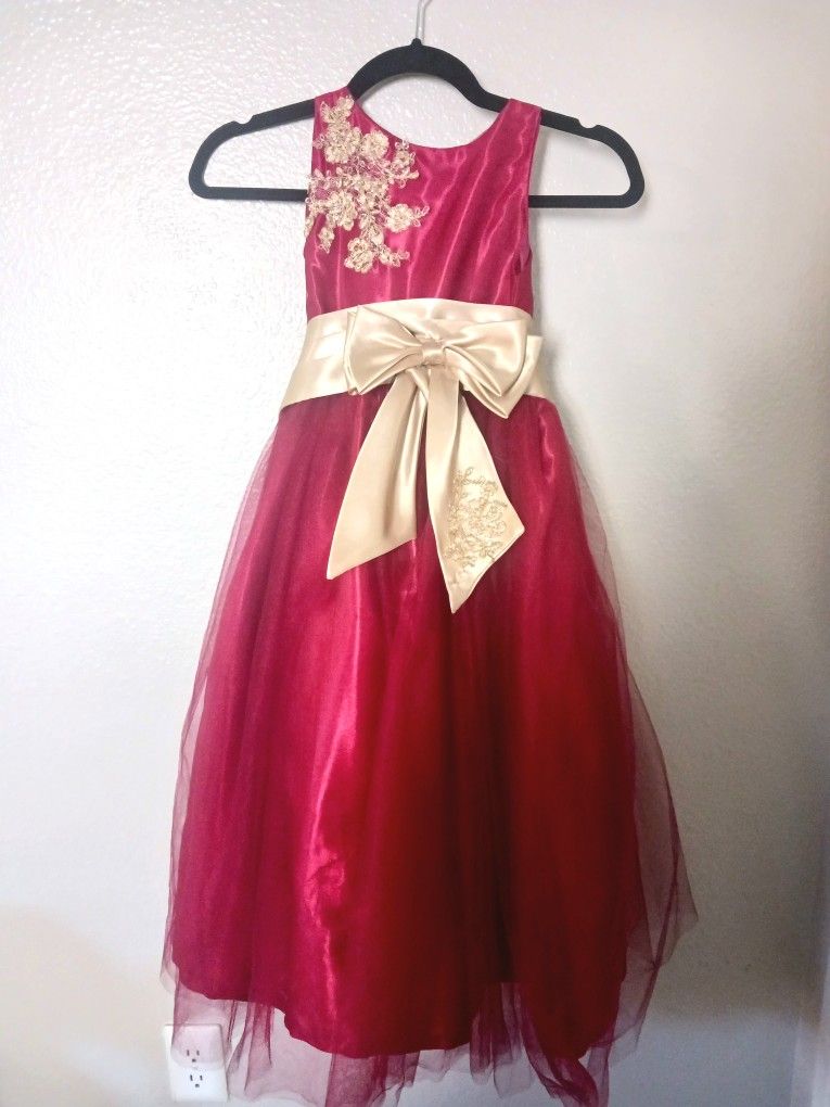 Mayluz: Kids Burgundy Dress With Gold/Champagne Bow + Gold/ Champagne Color Dress Open Toe Shoes