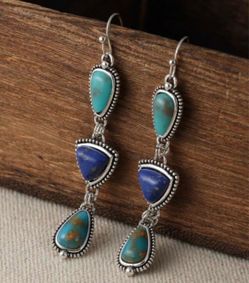 Vintage Artificial Turquoise Long Drop Earrings – Asymmetric Pendant Design