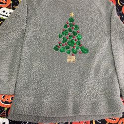 Grey Fluffy Holiday Sweatshirt With Sequins