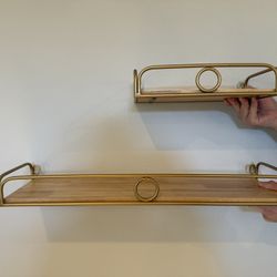 Gold And Light Wood Floating Shelves