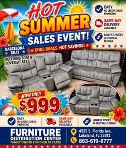 Limited time sale. Barcelona, gray reclining sofa and loveseat set only $999. Easy finance option. Same-day delivery.