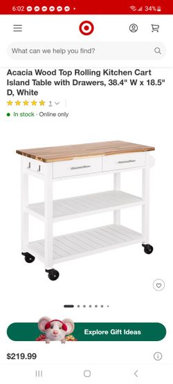 Acacia Wood Top Rolling Kitchen Cart Island Table with Drawers $140