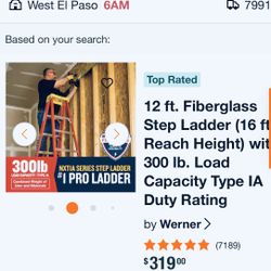 12ft Fiberglass Step Ladder (16ft ReachHeight) With 300Lb Weight Capacity Type IA Duty Rating